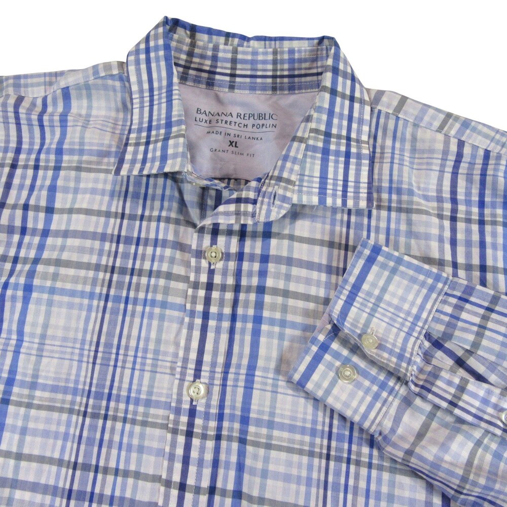 Banana Republic Mens Button Down Shirt Grant XL Slim Fit Light Blue Plaid Luxe